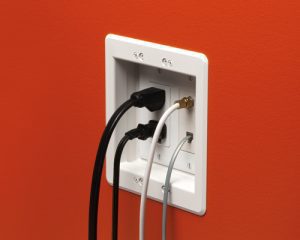 Arlington- Recessed gang box with two section: one 110v and one low voltage Decora. Wall plate included. White color.