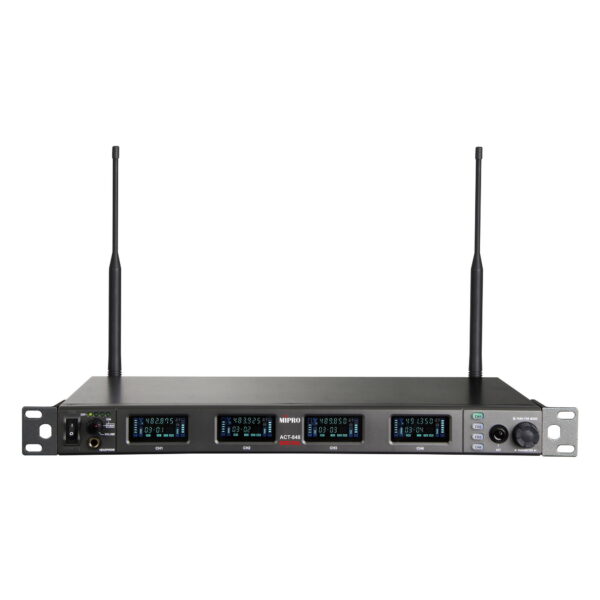 Mipro Récepteur numérique crypté à quatre canaux, large bande de 64 MHz avec DANTE, quatre émetteurs de poche + 4 MU-53L