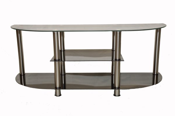 amx TV STAND, TV Stand,55” L x 18”W x 22” H. 3 Black tempered glass shelves with chrome legs.