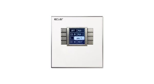 Ecler EclerNet wall panel control, features a LCD screen and 8 selection keys. PoE or local power supply.