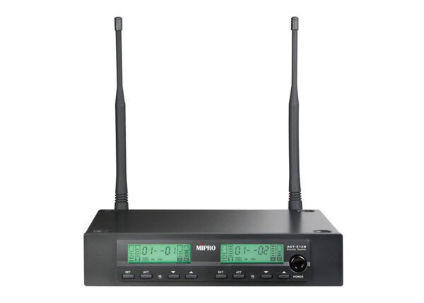 Mipro Récepteur Diversité bi-canal demi-rack avec deux émetteurs ultra miniatures + 2 x MU-210d. Fréquence 5ND (566 - 590 MHz)