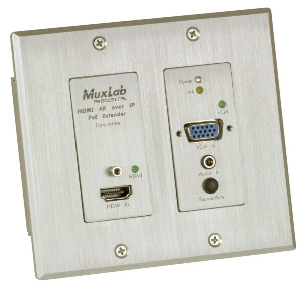 MUXLAB - HDMI / VGA over IP PoE Wall Plate Transmitter, UHD-4K, White