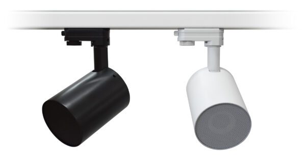 3" lamp style loudspeaker cabinet, featuring an installation system which is compatible with ceiling light rails, as well as surface mount, truss moun