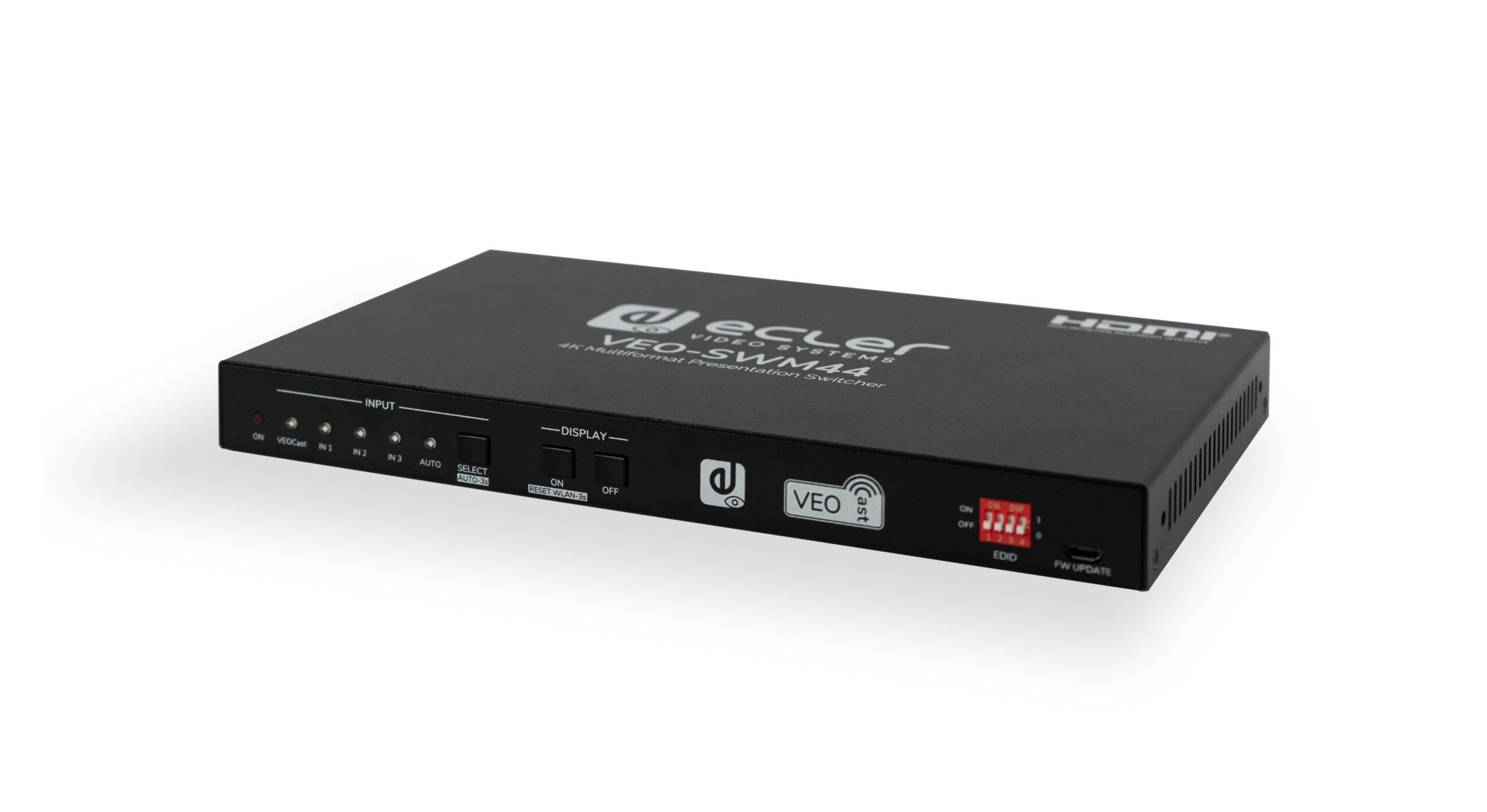 VEO-SWM44 is a compact 4K presentation switcher that includes HDMI 2.0, a USB-C and Miracast/Airplay wireless input selection via VEOCast to a singl | Techni+Contact