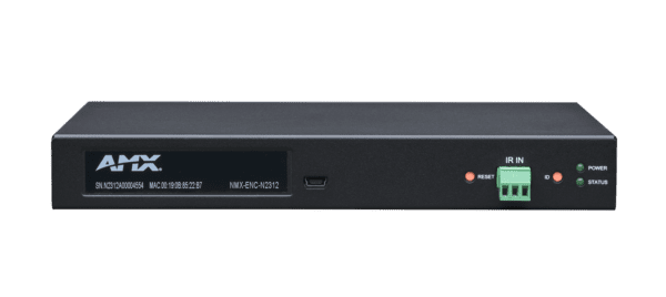 SVSI N2300 Series stand-alone 4K Encoder with one SFP fiber/RJ45 copper network port cage, and one RJ45 (with PoE), IR, serial, KVM-over IP keyboard a
