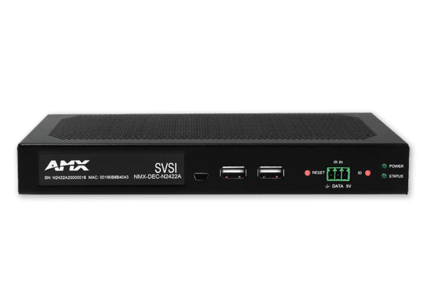 N2400 Series JPEG2000 stand-alone 4K Decoder 4K 60 4:4:4 with one SFP fiber/RJ45 copper network port cage, one RJ45 (with PoE), serial, KVM-over IP ke
