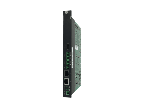 SVSI JPEG2000 or Uncompressed Ultra-HD (4K) Encoder Card with one SFP fiber/RJ45 copper network port cage, and one RJ45, IR, serial, KVM-over-IP keybo