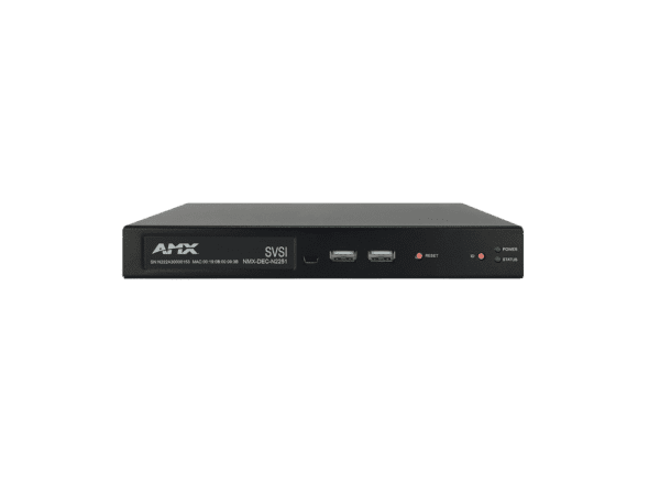 SVSI Stand-alone JPEG2000 or Uncompressed Ultra-HD (4K) Decoder with one SFP fiber/RJ45 copper network port cage, and one RJ45, IR, serial, KVM-over-I