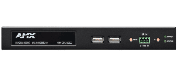 SVSI N2300 Series stand-alone 4K Decoder with one SFP fiber/RJ45 copper network port cage, and one RJ45 (with PoE), IR, serial, KVM-over IP keyboard a
