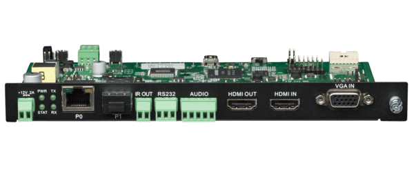 SVSI N2300 Series  4K Encoder card with one SFP fiber/RJ45 copper network port cage, and one RJ45 (with PoE), IR, serial, KVM-over IP keyboard and mou