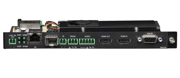 N2400 Series JPEG2000 4K Encoder card, 4K 60 4:4:4 with one SFP fiber/RJ45 copper network port cage, one RJ45 (with PoE), serial, KVM-over IP keyboard