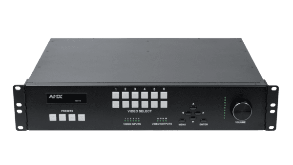 Networked AV Presentation Switcher with six local inputs (4 4K60 and 2 VGA), two outputs (HDMI, one scaled, on unscaled, each with mirrored HDMI port)