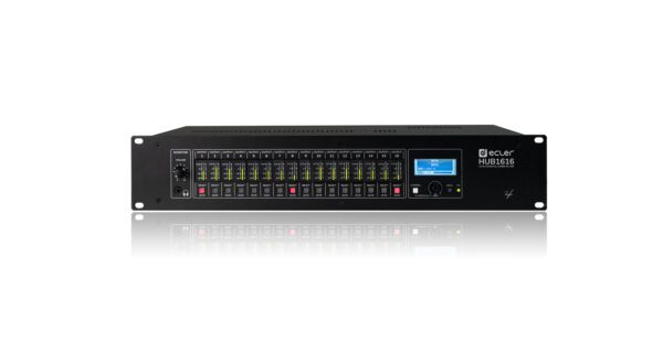 HUB1616 is a digital audio zoner with a global size of 16 input and 16 output analogue channels. The input channels are: 4 channels for MIC/MONO LINE,