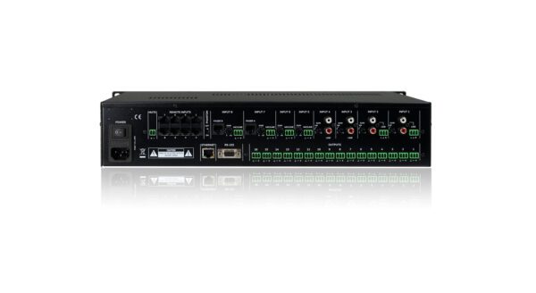 HUB1616 is a digital audio zoner with a global size of 16 input and 16 output analogue channels. The input channels are: 4 channels for MIC/MONO LINE, - Image 2