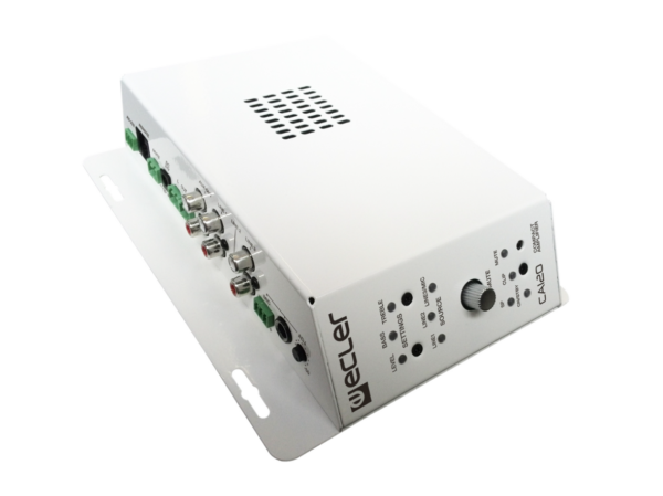 2 x 60 WRMS @ 4? stereo amplifier with a tiny size but amazing remote control features: serial RS-232 port, IR receiver and 0-10 VDC remote port.