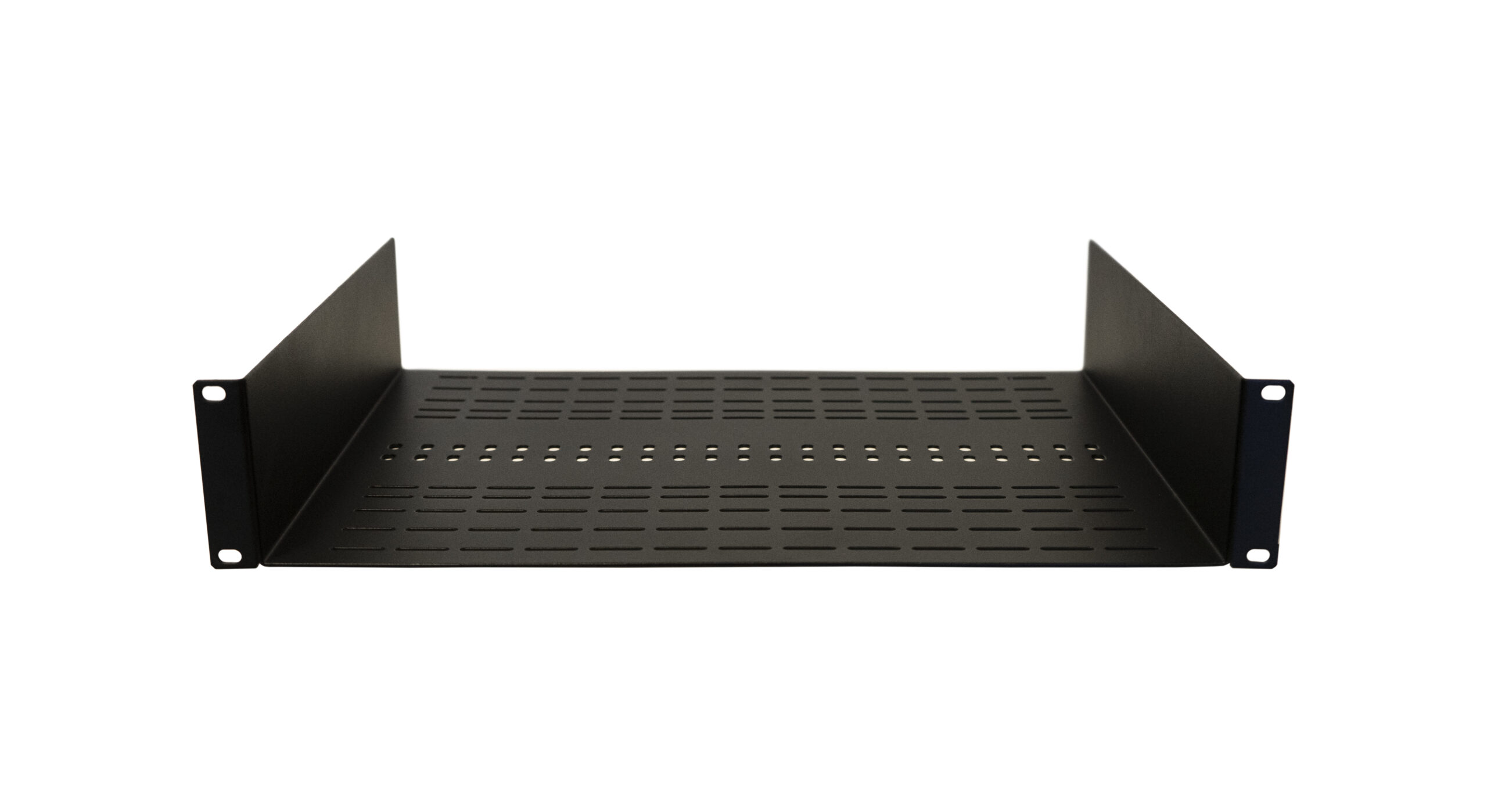 Univ. 19” Rack mount shelf VEO series. Includes 12 x M3 screws with nuts and Dual Lock™ tape for devices not provided of mounting ears. Central holes