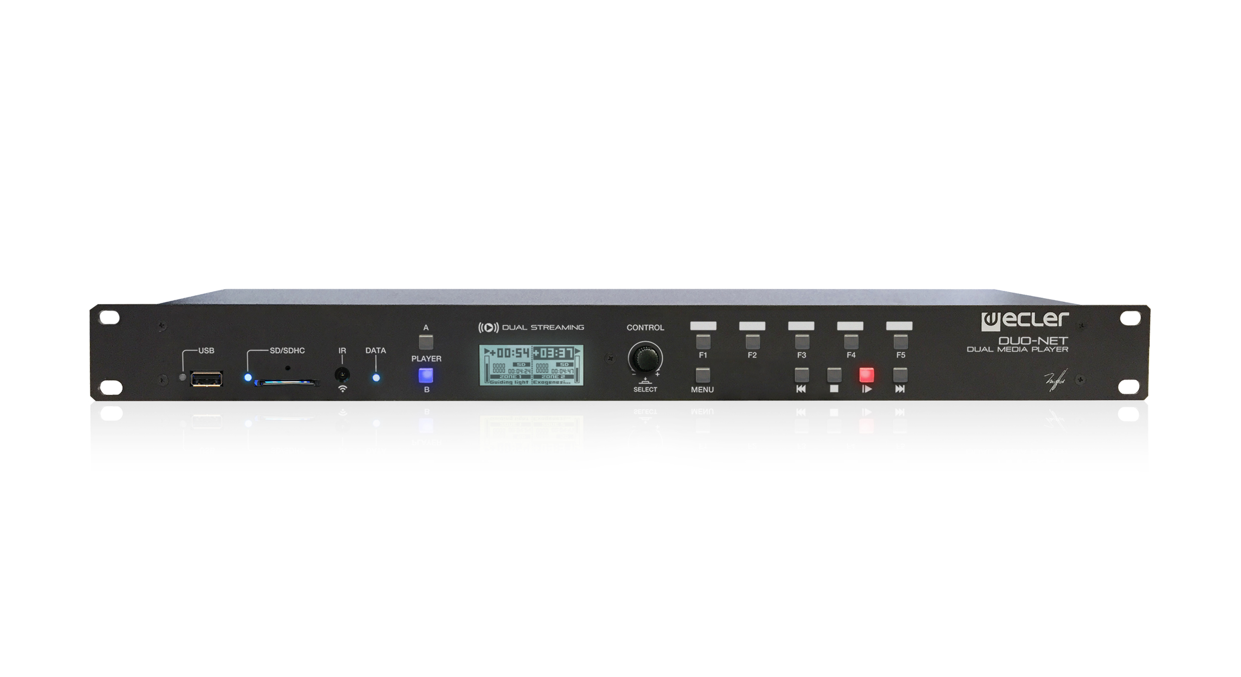 Double audio sound source that features full EclerNet compatibility (UCP control system, WPmSCREEN remote management, TP-NET protocol, etc.). It inclu