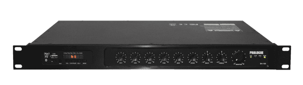 Prologue - 120w rms mono amplifier, 70v and 8 ohms outputs, 4 microphone/line inputs, 1 stereo AUX input, MP3 USB-SD Player, Tuner, Bluetooth, 1U