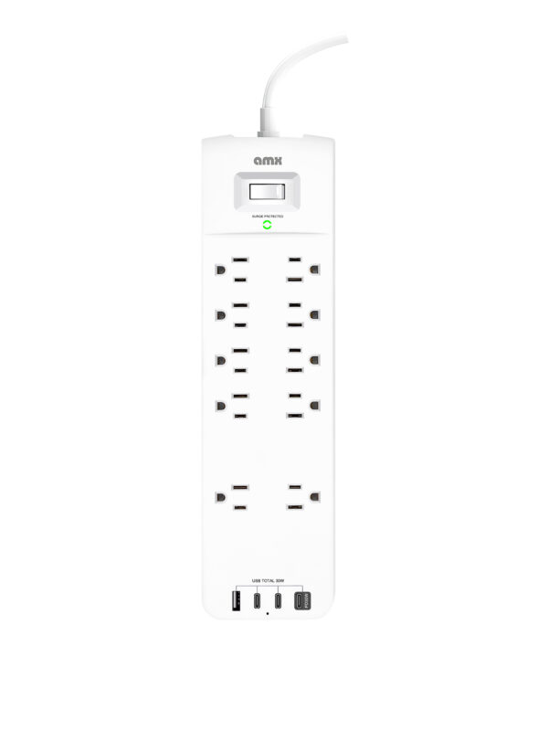 amx Barre d'alimentation protégée, cordon 6 pi. filtre et protection, 3 x USB 3.1A, blanche