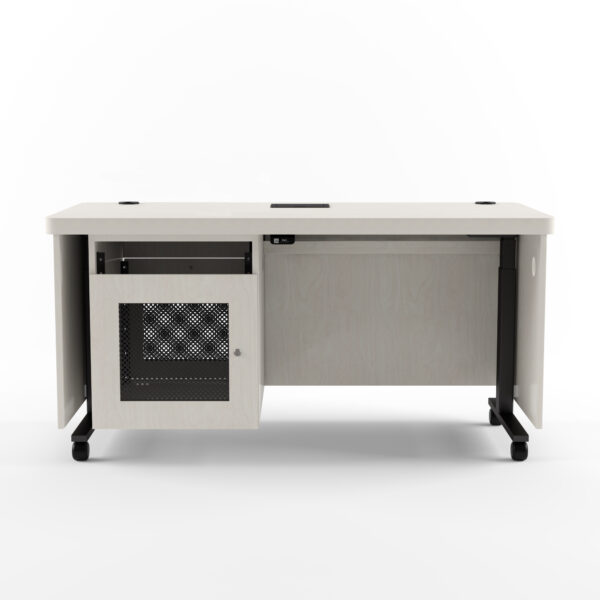 Height Adjustable Desk  With 10 RU Cabinet With 2RU Cut-Out Above The Cabinet