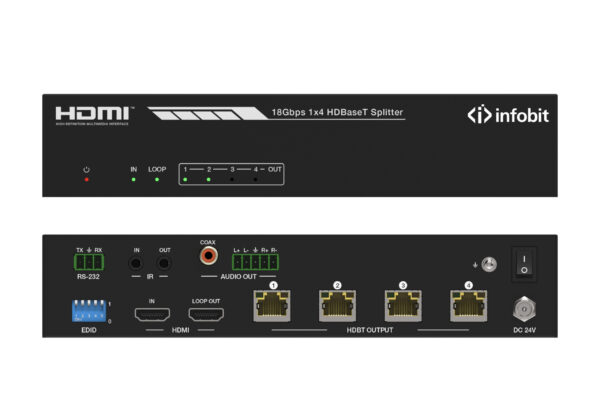 Infobit - iSwitch 104 4K60 1x4 HDMI splitter, smart EDID, avec audio et 4x 150m HDBaseT Rx