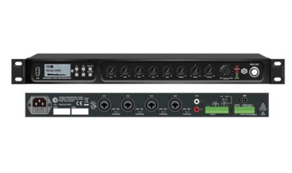 SHOW - 120w rms mono amplifier, 70v and 8 ohms outputs, 4 microphone/line inputs, 1 stereo AUX input, MP3 USB-SD Player, Tuner, Bluetooth, DAB, 1U