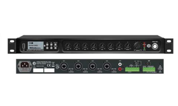 Show - 240w rms mono amplifier, 70v and 8 ohms outputs, 4 microphone/line inputs, 1 stereo AUX input, MP3 USB-SD Player, Tuner, Bluetooth, DAB, 1U