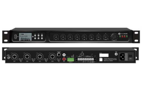 Show - 60w rms mono amplifier, 70v and 8 ohms outputs, 4 microphone/line inputs, 1 stereo AUX input, MP3 USB-SD Player, Tuner, Bluetooth, DAB, 1U
