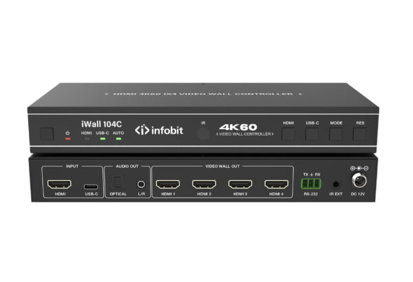 Infobit - 4K60 HDMI Video Wall Controller, 1x HDMI and 1x USB C in, 4x HDMI out.