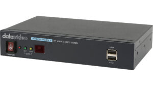 Datavideo - IP video decoder. Operates on standard 10/100Mb Ethernet networks. Supports SRT, RTP/RTSP (unicast/multicast), RTMP, UDP (unicast/multicas
