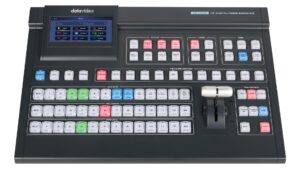 Datavideo - 12 channel switcher at 4K30 or 8 channel switcher at 4K/60 with 8 HD-SDI and 4 HDMI inputs. Outputs include 3 configurable HDMI and 6 HD-S