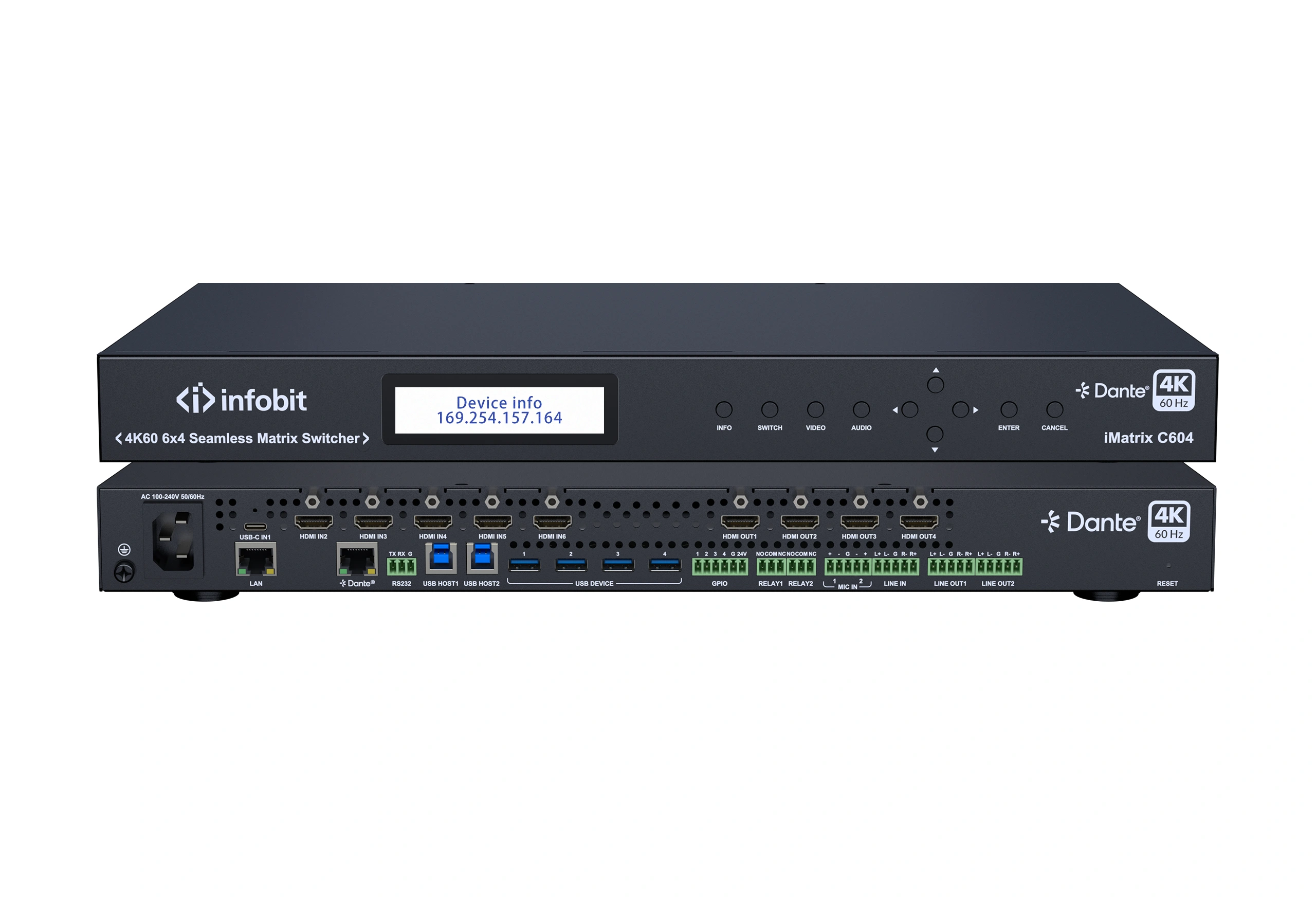 Infobit - iMATRIX C604 - Commutateur matriciel sans coupure HDMI et USB-C 6x4 avec Dante et DSP