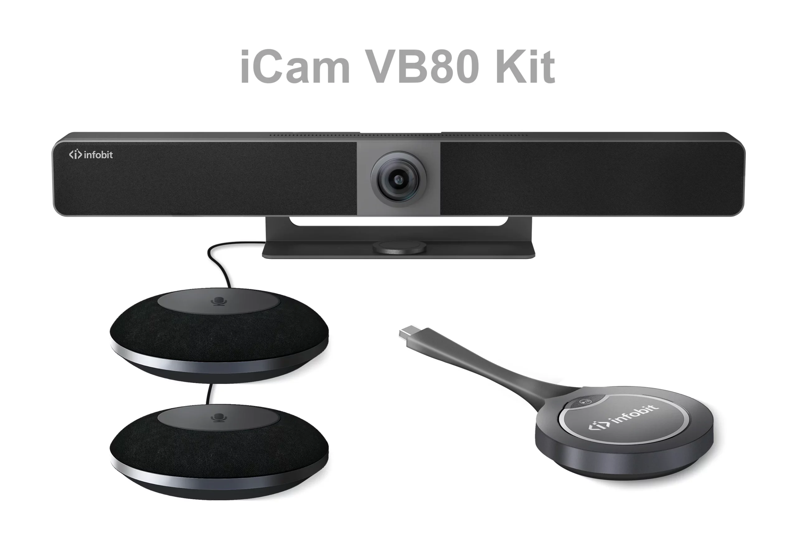 Infobit - iCAMVB80 : barre vidéo tout-en-un pour visioconférence, avec 2 microphones iCam VB80 et 1 dongle sans fil iShare MC.